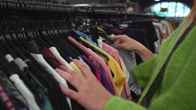 Close-up of a woman browsing clothes on a rack in a thrift store, highlighting sustainable fashion, second-hand shopping, conscious consumption, and affordable style.