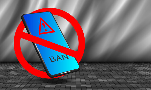 Vector 3D smartphone in red prohibition circle. Pixels and wavy fabric. Ban. Mobile communications and internet. No connect