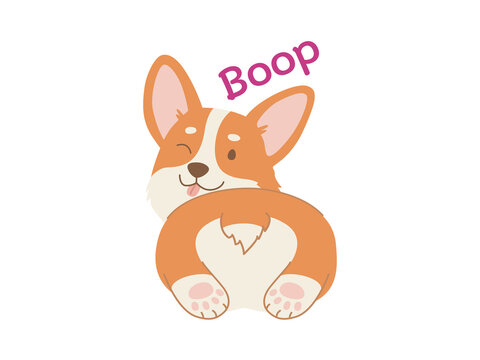 Happy winking lying corgi dog - sticker with a text Doop. Flat color Illustration on a transparent background