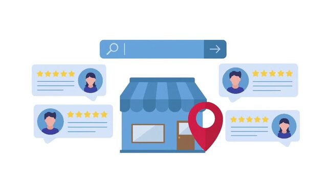 Local Business Search Animation with Store, Customer Reviews and Location Pin on White Background