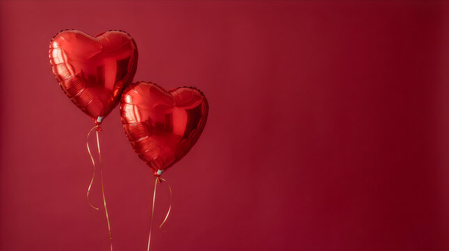 Floating red heart shaped balloons on dark red background with balloons