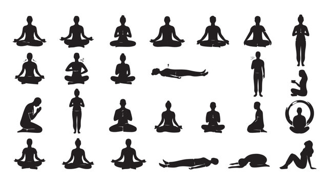 Yoga and meditation silhouette collection featuring lotus, prayer, and relaxation poses for wellness and health.