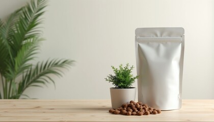 Naklejka premium Silver pouch mockup with dog kibble on wood table. Small plant accents minimalist, clean studio backdrop. Pet food branding packaging design.