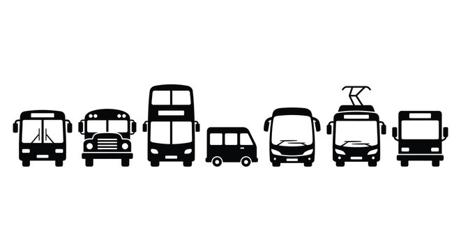 Variety Of Buses Black Silhouette Collection On White Background