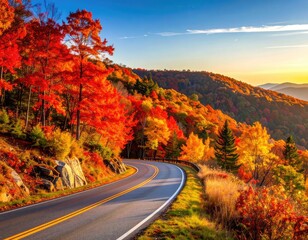 Naklejka premium A scenic winding road curves through a vibrant autumn forest at sunset.