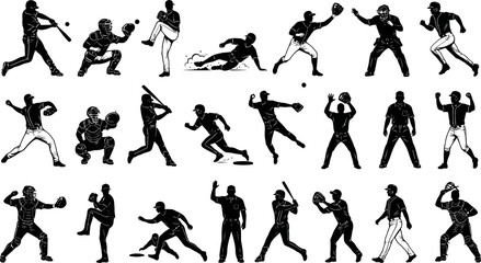 Fototapeta premium Dynamic collection of baseball player silhouettes in various action poses, capturing the essence of the game from pitching and batting to fielding and running