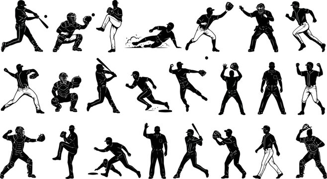 Dynamic collection of baseball player silhouettes in various action poses, capturing the essence of the game from pitching and batting to fielding and running