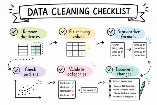 A data cleaning checklist infographic illustrates the steps for data preprocessing, including removing duplicates, fixing missing values, checking outliers, validating categories, and standardizing fo