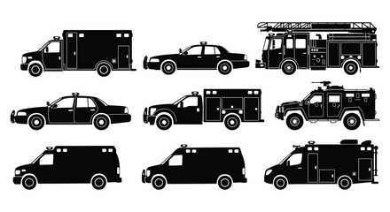 Emergency Vehicle Silhouettes On White Background Collection Of Nine Designs © Nasima