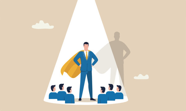 Best success for,bigger fall outstanding staff or discover high performance employee, leadership, hiring or recruitment concept, confidence businessman superhero with spotlight shining