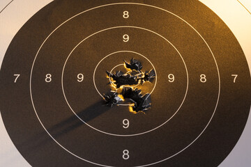 Close up of paper shooting target with multiple bullet holes in the bullseye center, concept for accuracy success perfection and achieving business goals © Dmitri