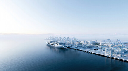Fototapeta premium Modern container port terminal with cargo ship docked at industrial harbor with cranes and logistics infrastructure aerial view