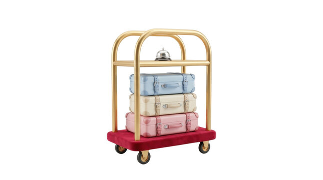 A 3d render of a gold hotel luggage trolley with bell and colorful suitcases.