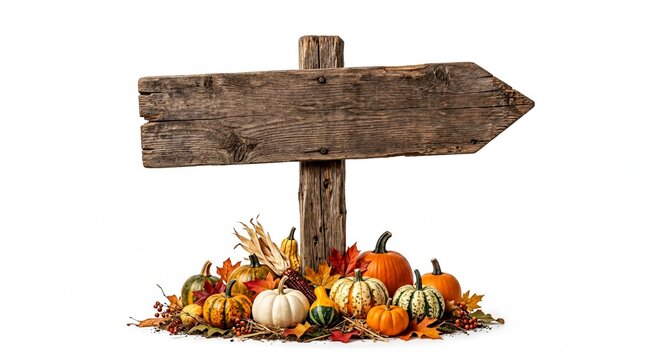 autumn decor, a rustic wooden sign directs to a cozy pumpkin patch in autumn