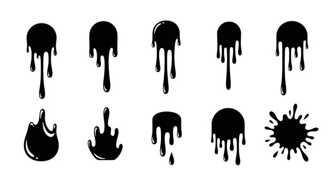 Diverse black dripping paint shapes on a clean white background, concept for grunge design elements, spooky Halloween graphics, and artistic liquid textures for web and print.