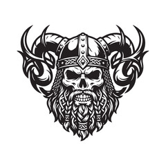 Fototapeta premium Black and white illustration of a Viking skull with horned helmet.