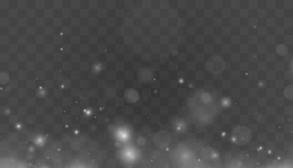 Naklejka premium White falling snow sparkles with soft luminous reflections. Transparent backgrounds emphasize the clean vector style. Sophisticated highlights complete the elegant artwork.