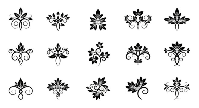 Elegant black floral ornaments with intricate scrollwork and leaf patterns, for sophisticated design elements, ideal for wedding invitations, branding, certificates, and web design projects.