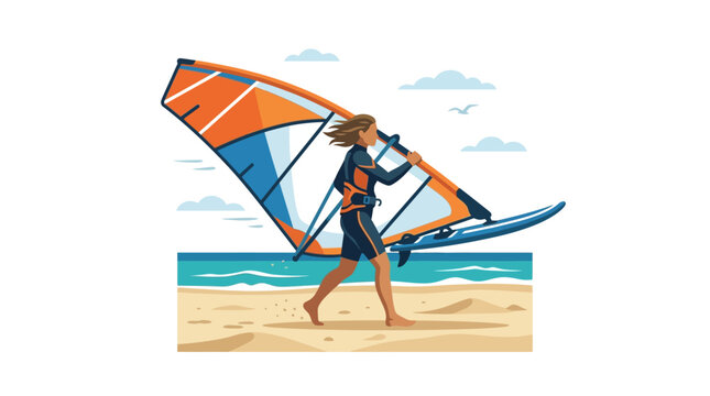 Woman windsurfer carrying her sail and board along the sandy beach.