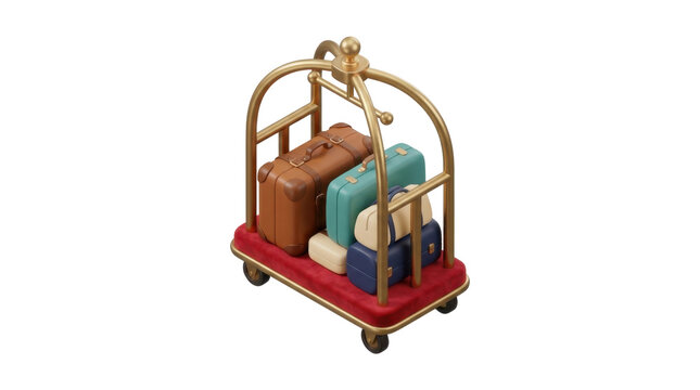 Golden hotel luggage trolley loaded with stack of colorful suitcases ready for guests.
