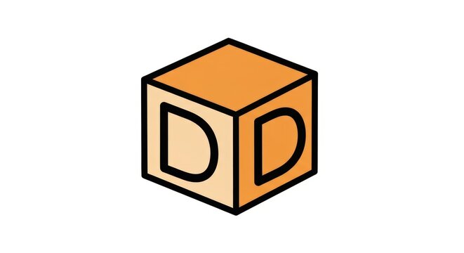Orange cube with black outline lettering.