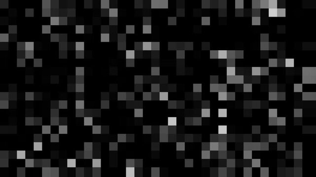 Monochrome digital pixel mosaic pattern background on black. square block texture template.