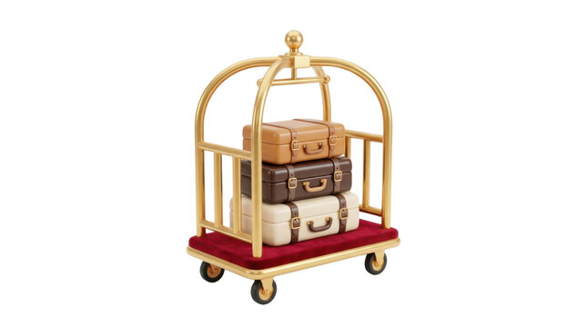 Hotel baggage trolley with three stacked vintage suitcases on red floor isolated object.