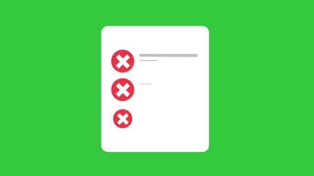 Animation of a document error checklist with a cross mark on a green screen background | Motion graphic: failed task