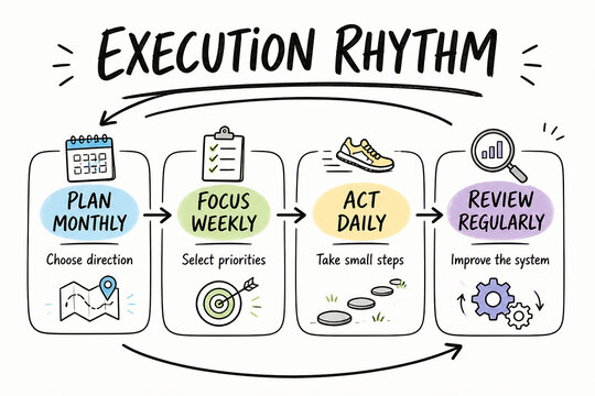 A diagram illustrates the Execution Rhythm process with stages: Plan Monthly, Focus Weekly, Act Daily, and Review Regularly.