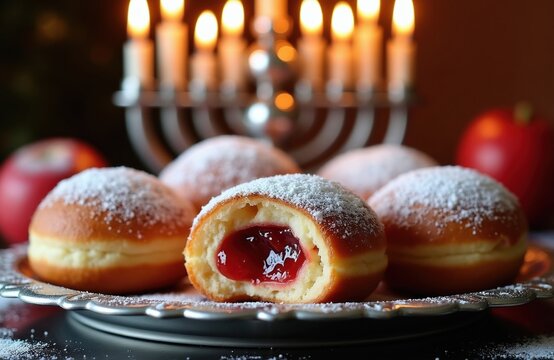 Jelly sufganiyot donuts dusted with powdered sugar sit on a festive plate. Candles glow on a menorah in the background, with red apples nearby. This Hanukkah scene offers a sweet holiday treat.
