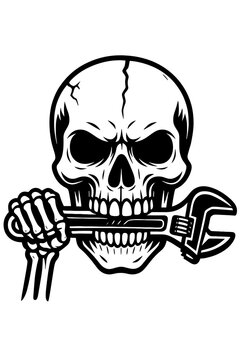 Mechanic Skull Holding Wrench Black and White Garage Vector Illustration
