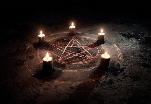 A ritual scene with five lit candles on a dark surface, a pentagram drawn