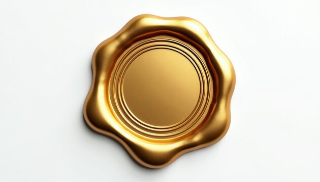 Shiny gold wax seal, round blank imprint with concentric rings on white background. Seal symbolizes authenticity, quality, award, or official document.