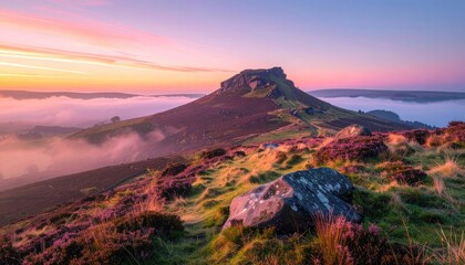 Obraz premium Sunrise over a misty mountain landscape with heather and rocks.