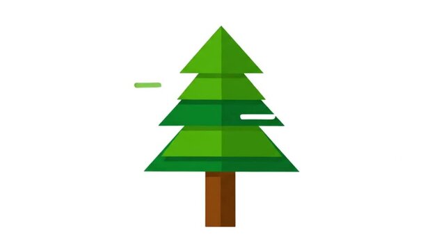 Flat vector animation of a stylized green forest pine tree or fir tree. Features a multi-layered triangular geometric design with light reflections, swaying gently side to side as if blown by a dynami