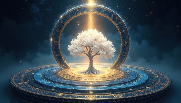 Glowing white tree stands on ancient golden astrological portal platform. Mystic glowing light shines through round zodiac frame. Fantasy cosmic background features starry sky circles sacred geometry