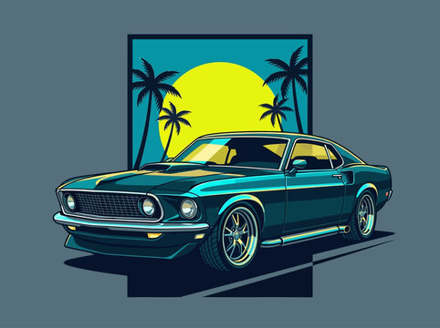 Retro Vintage Muscle Car Vector Illustration with Tropical Sunset and Palm Trees
