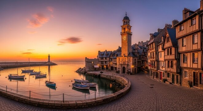 Sunset over a french harbor with half-timbered houses, a stone clock tower, and moored sailboats