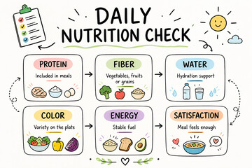 Naklejka premium A graphic illustrates a daily nutrition check with sections for protein, fiber, water, color, energy, and satisfaction.