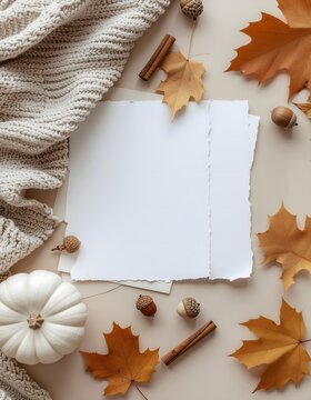 Cozy autumn flat lay with blank paper for notes, surrounded by fall leaves, a white pumpkin, and warm knit