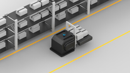 Autonomous forklift carrying a pallet with boxes and moving along warehouse shelves, 3d render © Artem Varnitsin