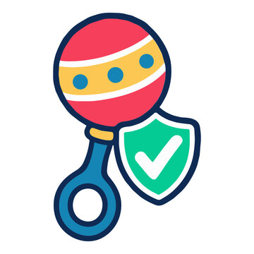 Baby product safety rattle and shield icon for health compliance warning