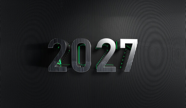 2027 New Year greeting card with futuristic metallic 3D numbers and neon green lights on dark textured grid - 3D rendering