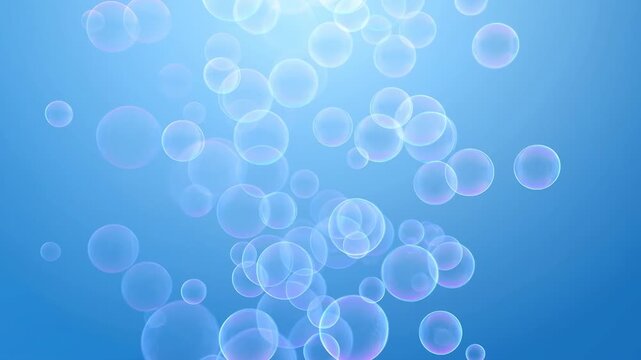 Translucent soap bubbles rising against cyan-blue gradient with layered overlaps and bright rim highlights