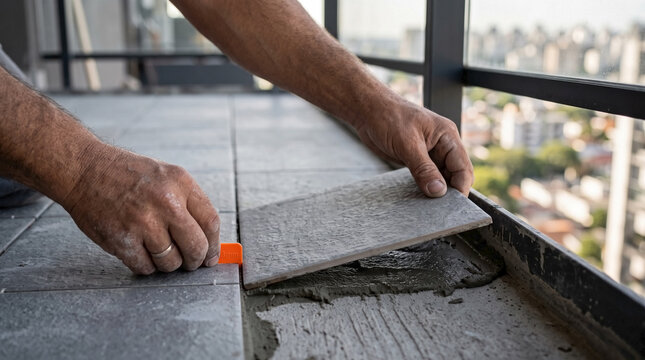 Hands positioning grey tile for balcony tiling project and outdoor tile installation on high-rise balcony renovation