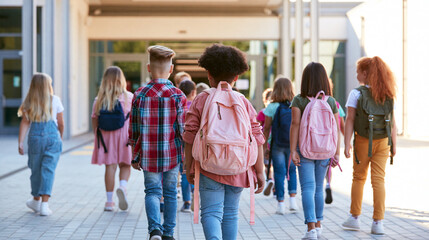 Obraz premium Elementary School Children Walking With Backpacks In A School Courtyard