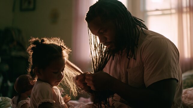 Tender morning moment of Black dad braiding daughter hair