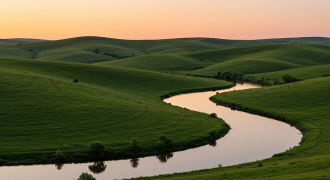 A serene river winds through lush green hills at sunset in a natural landscape