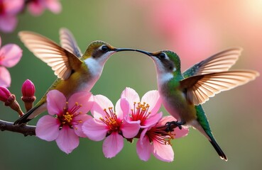 Fototapeta premium Two small hummingbirds perch on pink flowers with wings spread. Tiny birds touch beaks gently while resting on branch in nature. Their colourful feathers gleam.