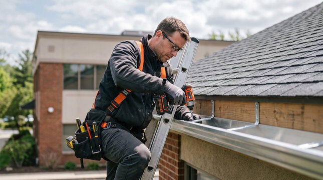 Professional contractor installing eavestrough on residential roof for gutter installation service ads, home exterior maintenance guides, property upkeep blogs, and housing improvement projects